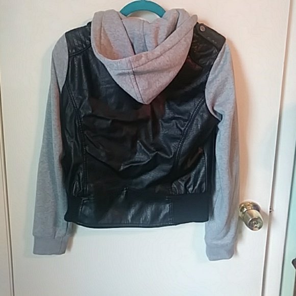 A faux leather jacket; cloth sleves and hood - Picture 2 of 4